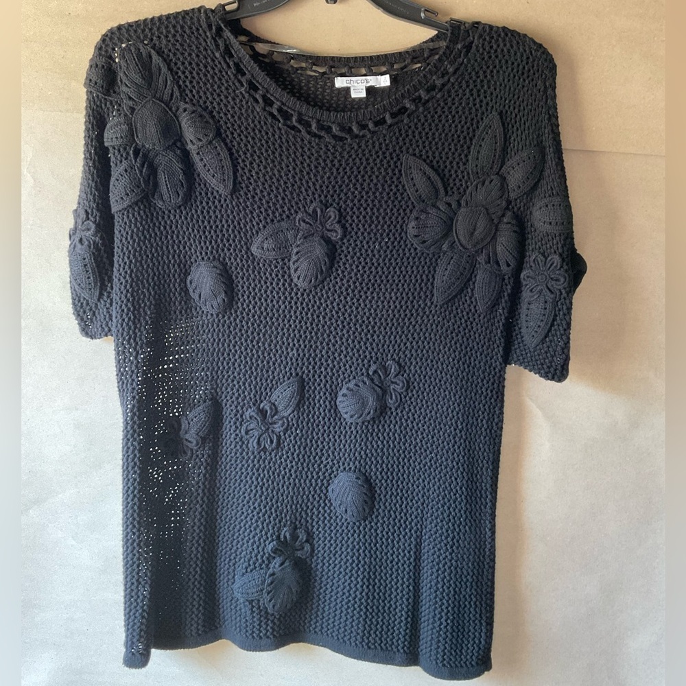 Chico's Black Knit Top with Floral Detail. Size L. - Picture 1 of 9